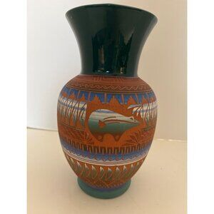 Native American Etched Pottery Vase Signed Ella Cadman 8 1/2”